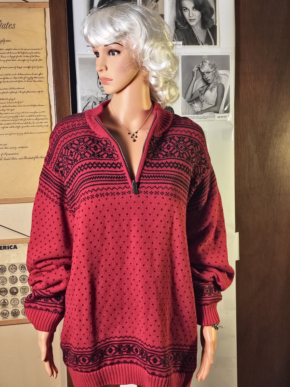 Chaps Mens XL Red Black Fair Isle Quarter Zip 100% Cotton Sweater